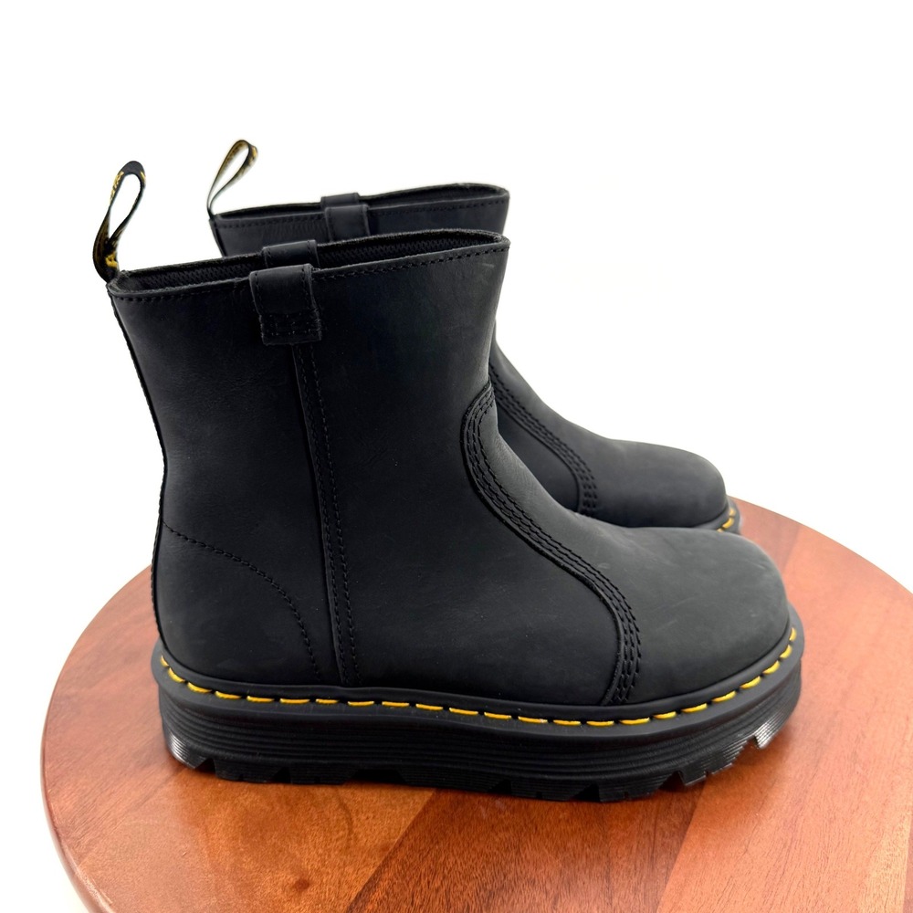 Dr. Martens Zebzag Rigger Boots Black Wyoming Leather Platform Pull On Women 8
